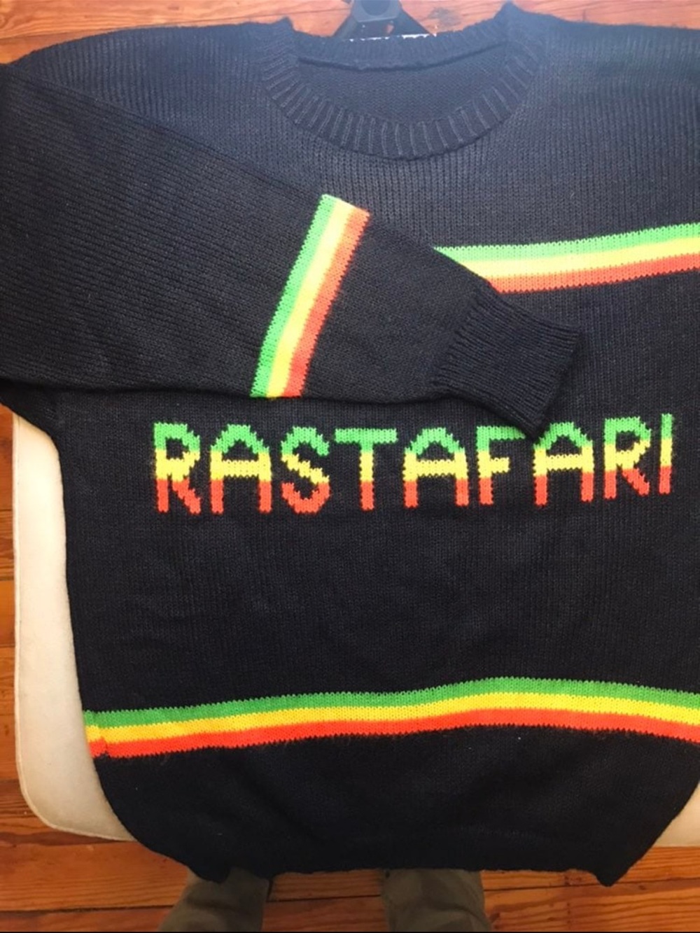 Black RASTAFARI Knit Sweater with Red, Yellow & Green Stripes